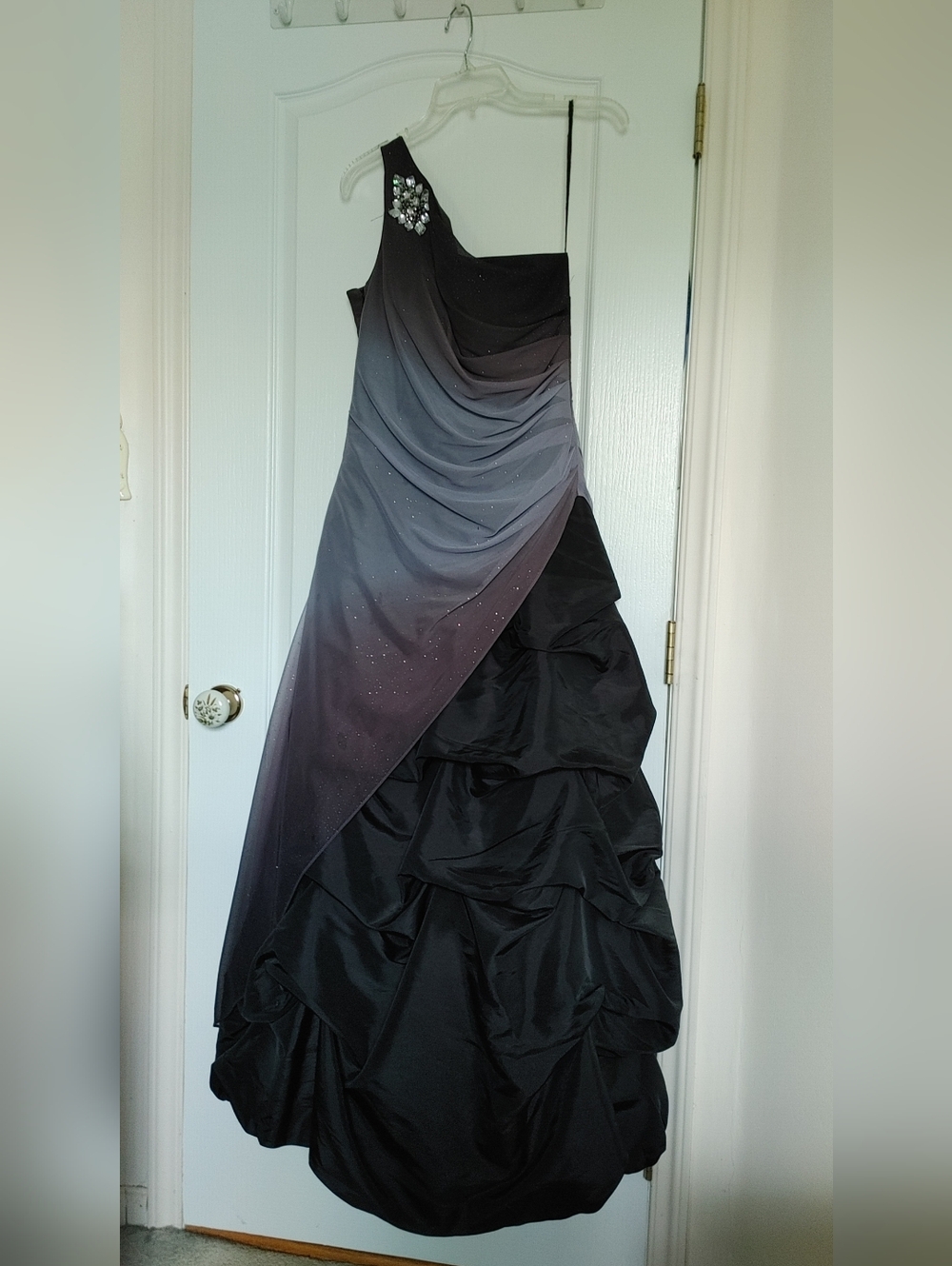 Onyx Nite Prom Dress -- Black Ombre One-Shoulder Evening Gown with Embellisment